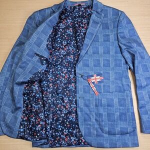 Soul of London Blazer Mens 42R Blue Plaid Floral Lining NEW Sport Coat